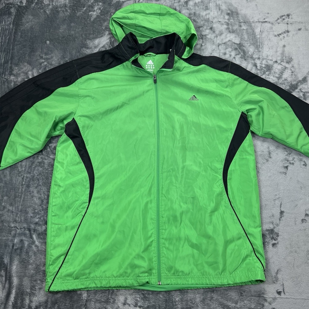Adidas 2XL Windbreaker Jacket With Hood In Collar Green & Black Soccer Golf Coat - Picture 2 of 13